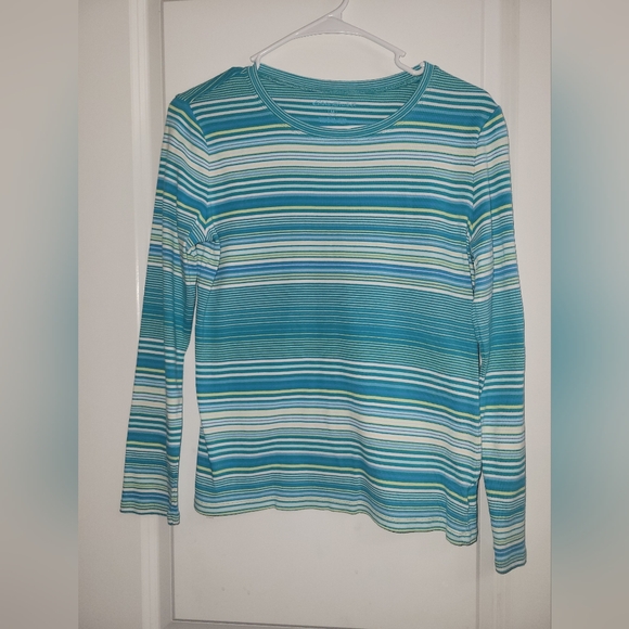 Eddie Bauer Teal and White Striped Long Sleeve Top - Picture 1 of 3